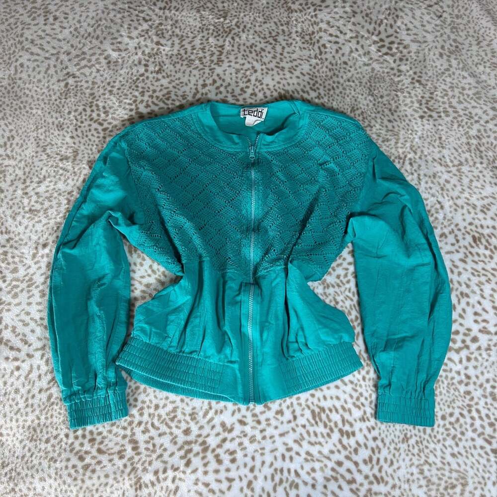 Vintage Teddi Teal Green Full Zip Bomber Jacket with Crocheted Knit Upper